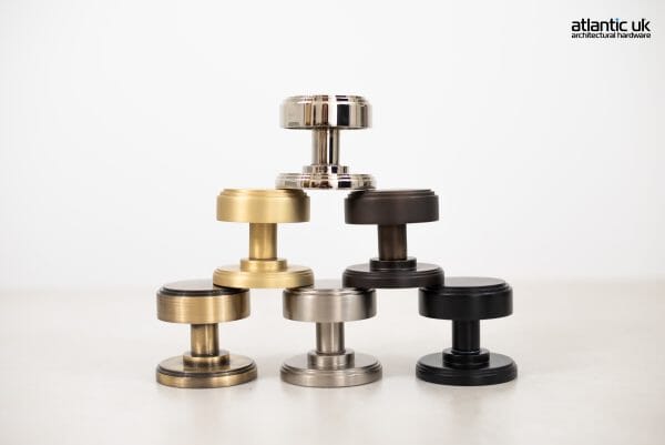 Millhouse Brass Boulton Solid Brass Stepped Mortice Door Knob on Concealed Fix Rose in Urban Dark Bronze Door Knob Atlantic