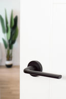 CleanTouch Anti-Bac Forme Milly Designer Lever Minimal Round Rose in Matt Black Designer Lever Handle Atlantic