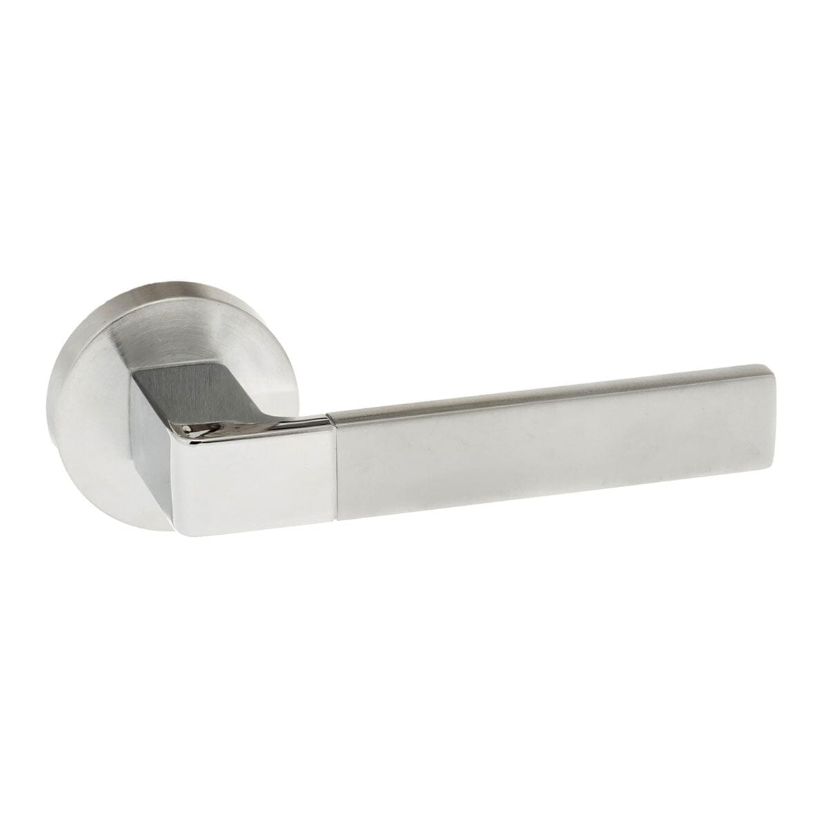 Forme Asti Designer Lever Minimal Round Rose (Latch & Hinges Included) Designer Lever Handle Atlantic Set Satin Chrome/Polished Chrome