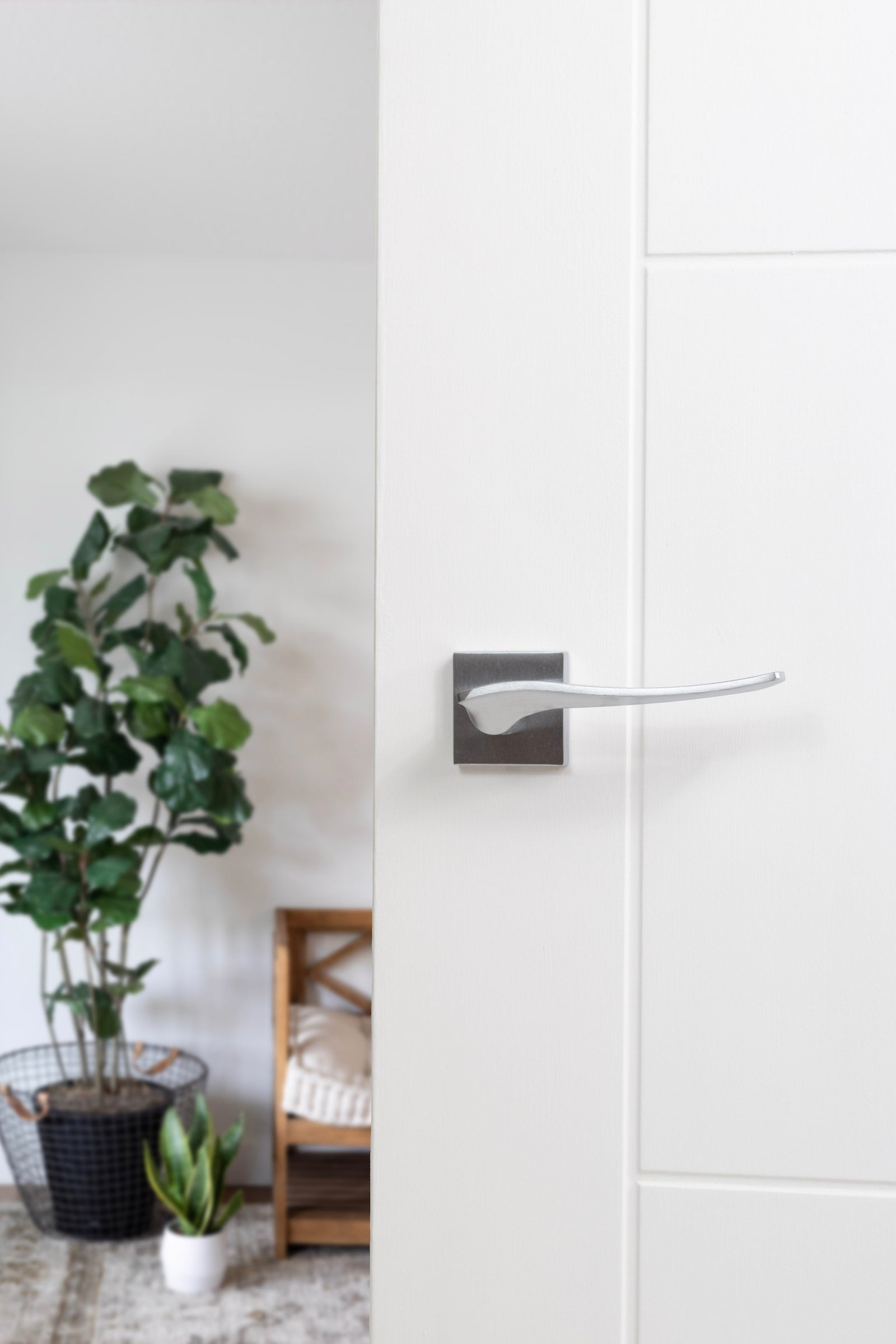 Forme Olimpia Designer Lever Minimal Square Rose in Satin Chrome Designer Lever Handle Atlantic
