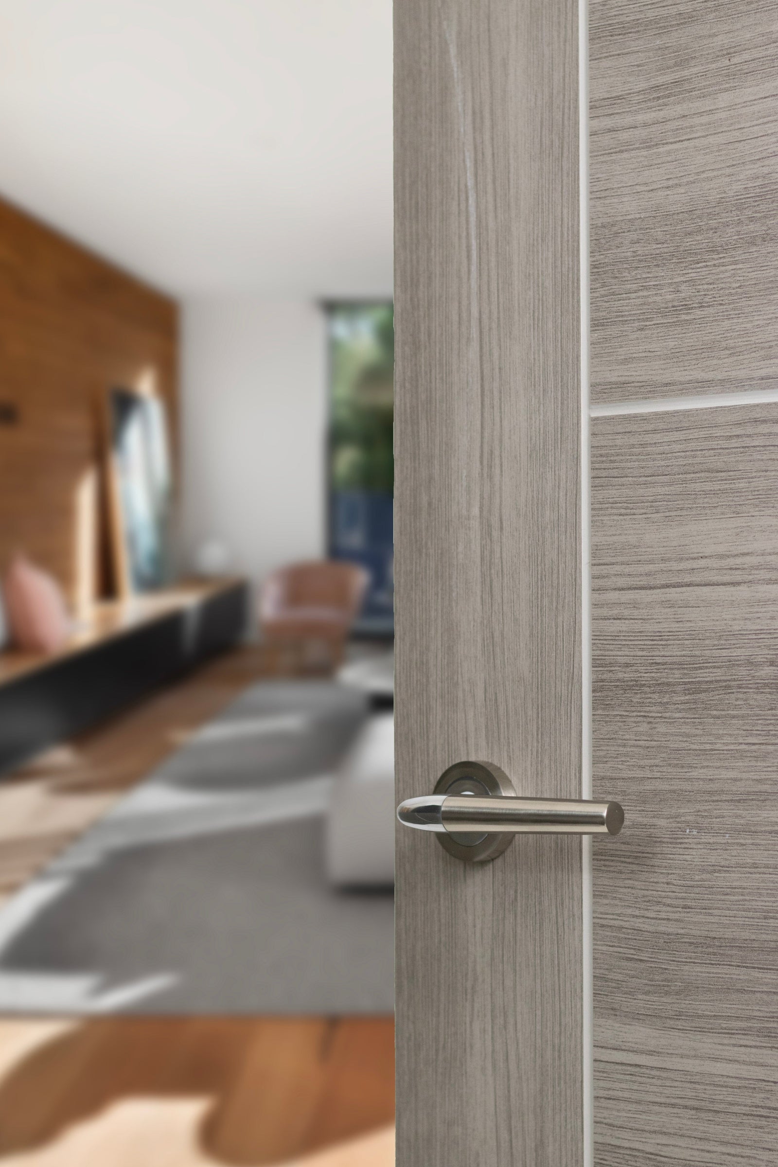 Mediterranean Toulon Lever Round Rose in Satin Nickel/Polished Chrome Lever on Round Rose Atlantic