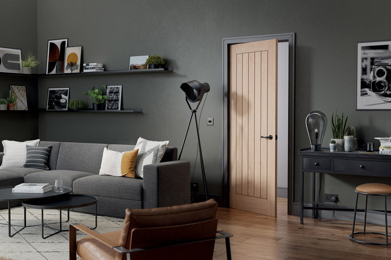 image of a modern living room with oak door