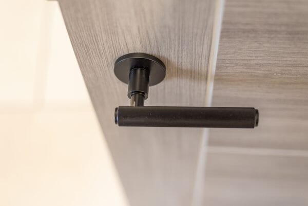 Millhouse Brass Stephenson Designer Lever 5mm Slimline Round Rose in Matt Black Designer Lever Handle Atlantic 