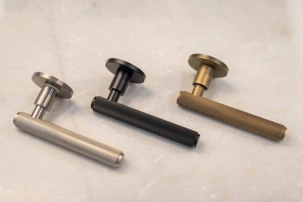 Millhouse Brass Stephenson Designer Lever 5mm Slimline Round Rose (Latch & Hinges Included) Designer Lever Handle Atlantic 