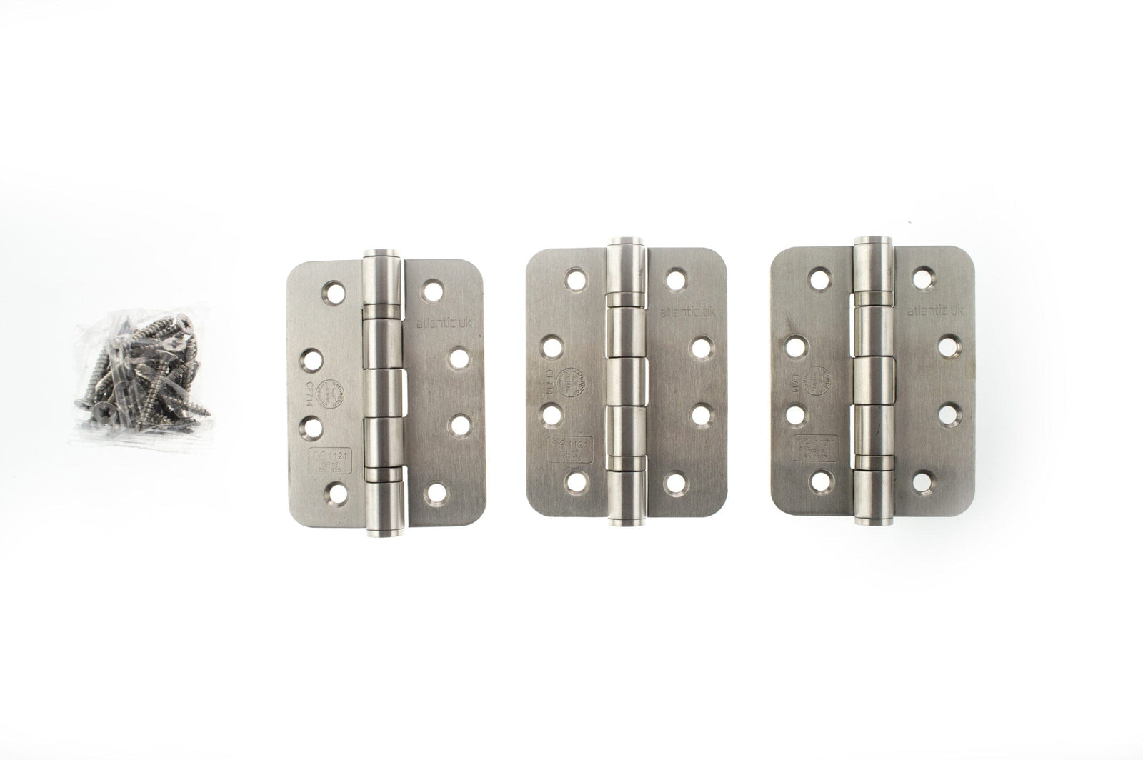 Atlantic Radius Corner Ball Bearing Hinges 4" x 3" x 3mm Hinges Atlantic 4" x 3" x 3mm Set of 3 Satin Stainless Steel