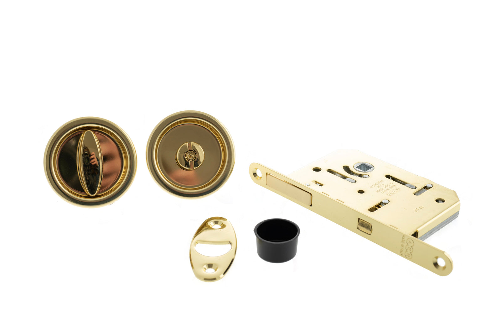 AGB Sliding Door Bathroom Lock Set with Round Flush Handle in Polished Brass Bathroom Lock Atlantic 