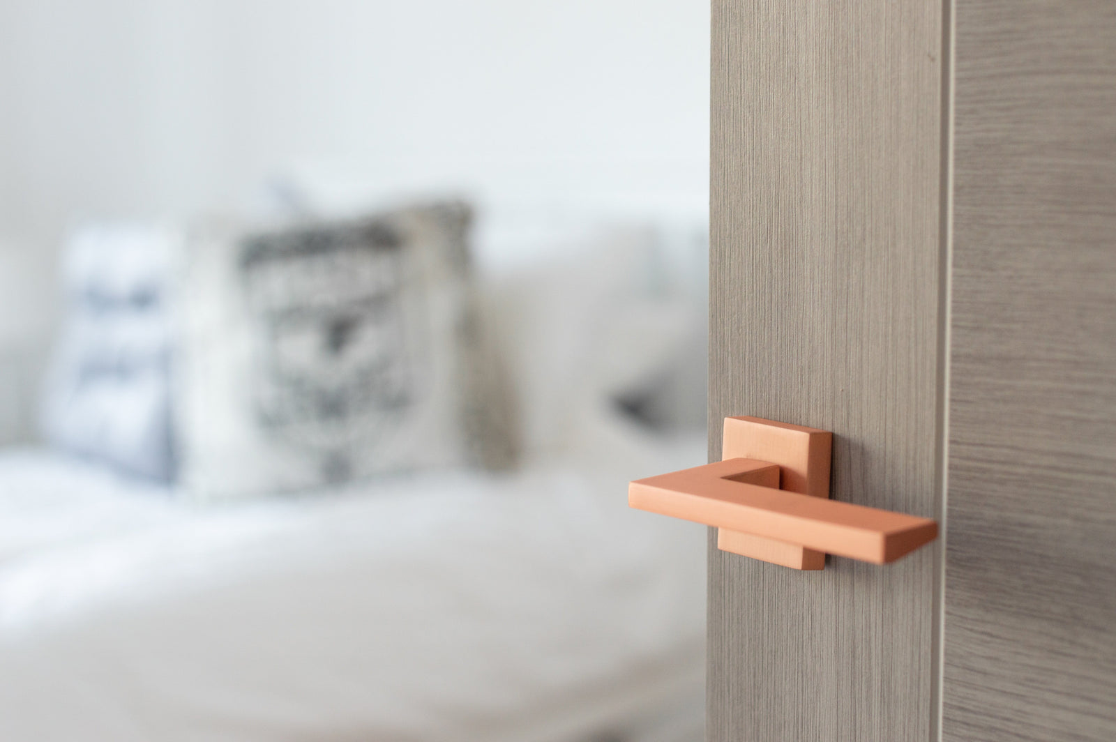 Forme Lorena Designer Lever Minimal Square Rose in Urban Satin Copper Designer Lever Handle Atlantic 