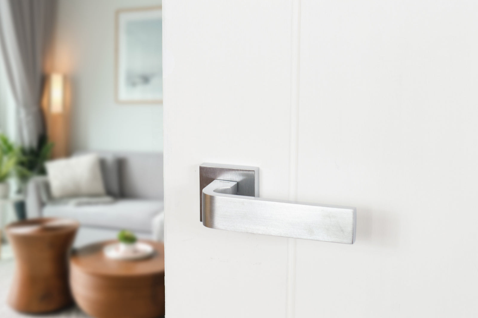 Forme Monza Designer Lever Minimal Square Rose in Satin Chrome Designer Lever Handle Atlantic 