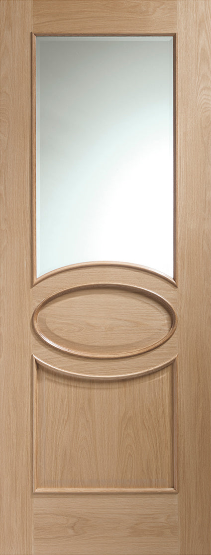 Calabria Internal Oak Door with Clear Bevelled Glass and Raised Mouldings