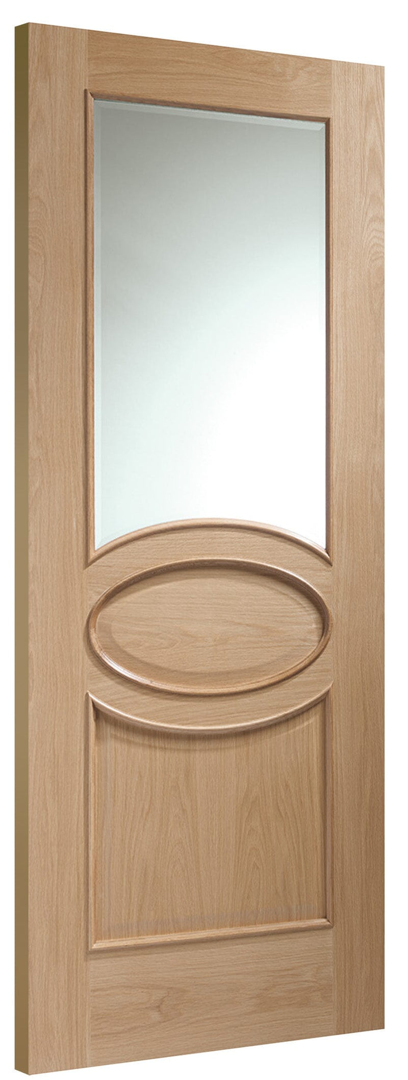 Calabria Internal Oak Door with Clear Bevelled Glass and Raised Mouldings