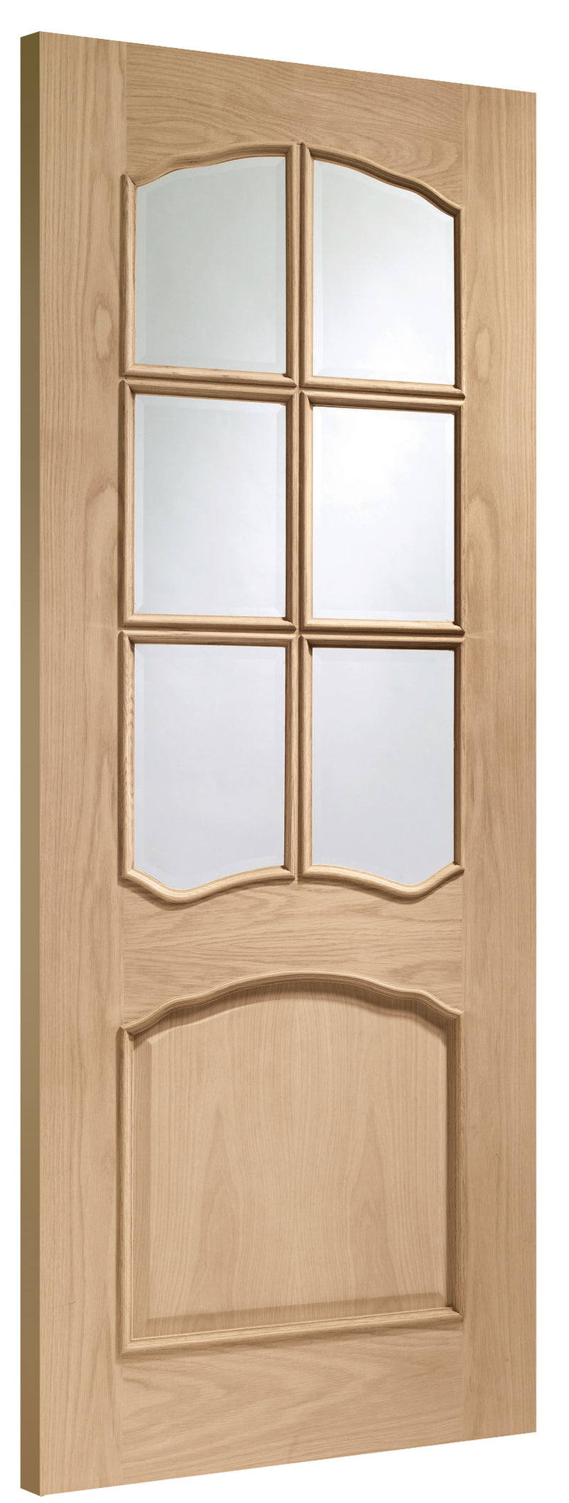 Riviera Internal Oak Door With Raised Mouldings and Clear Bevelled Glass