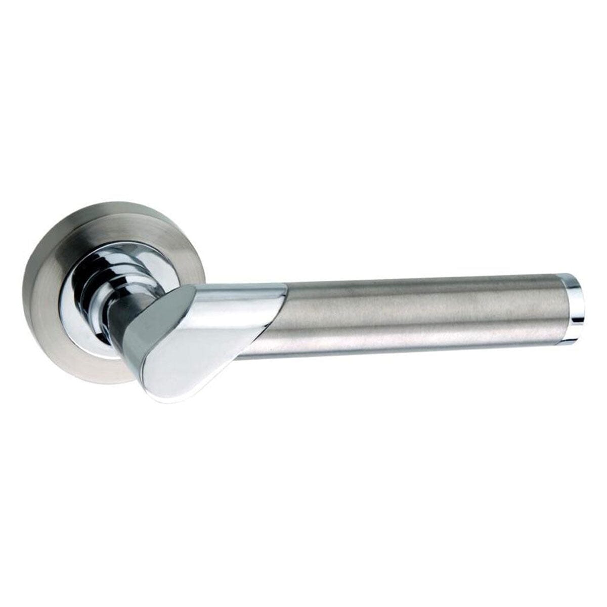 Mediterranean Tunis Lever Round Rose in Satin Nickel/Polished Chrome Lever on Round Rose Atlantic 