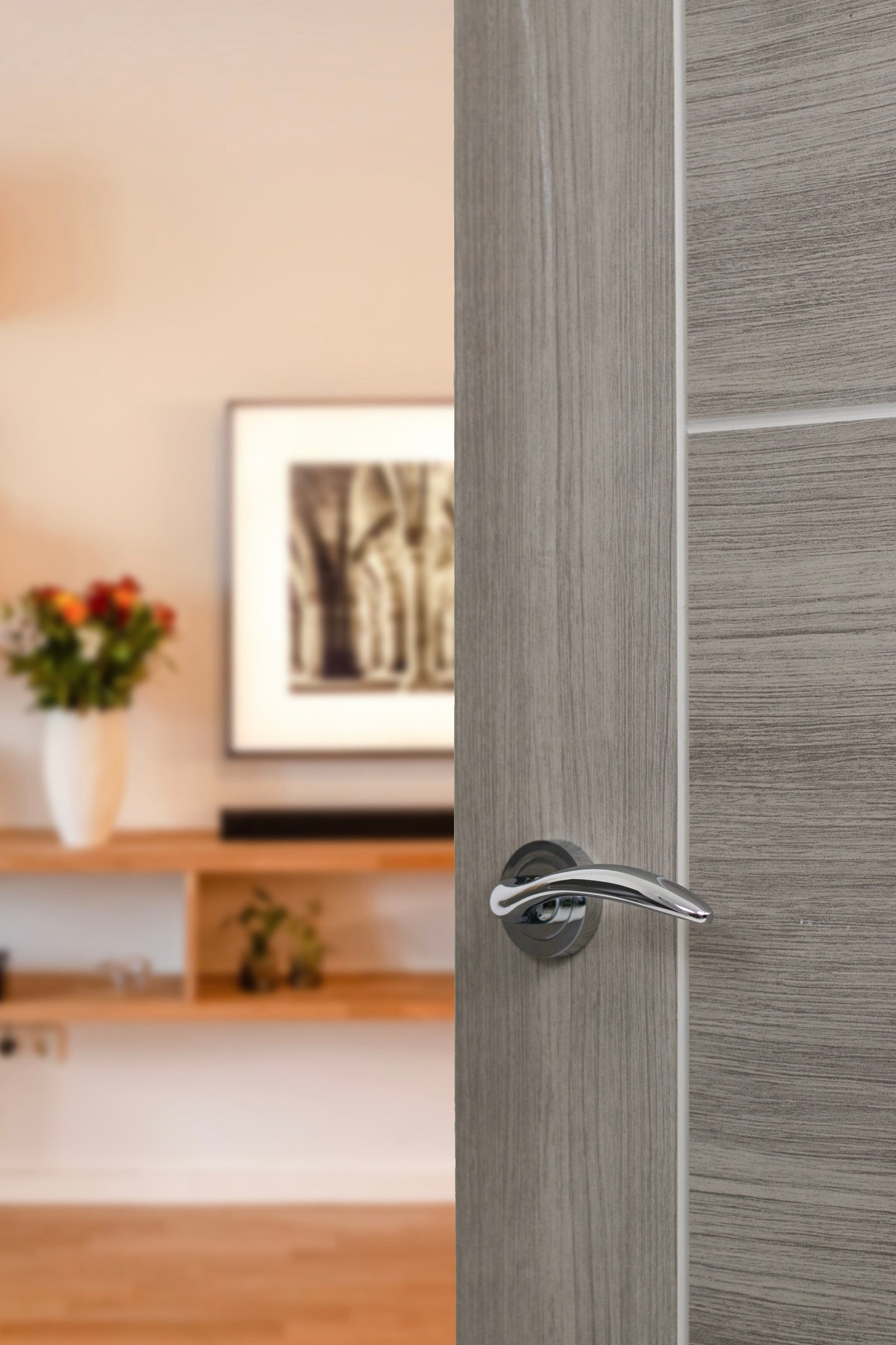 Mediterranean Ancon Lever Round Rose in Polished Chrome Lever on Round Rose Atlantic 