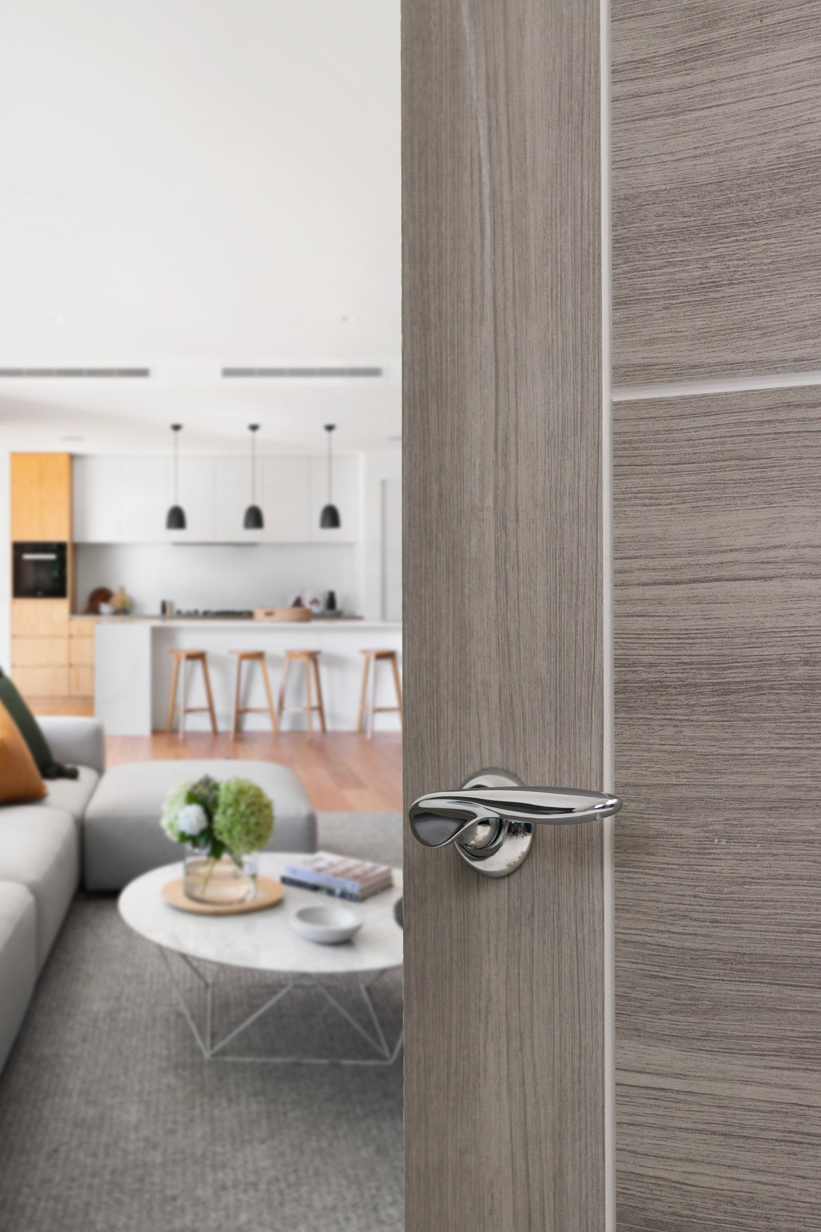 Mediterranean Malta Lever Round "C" Rose in Polished Chrome Lever on Round Rose Atlantic 