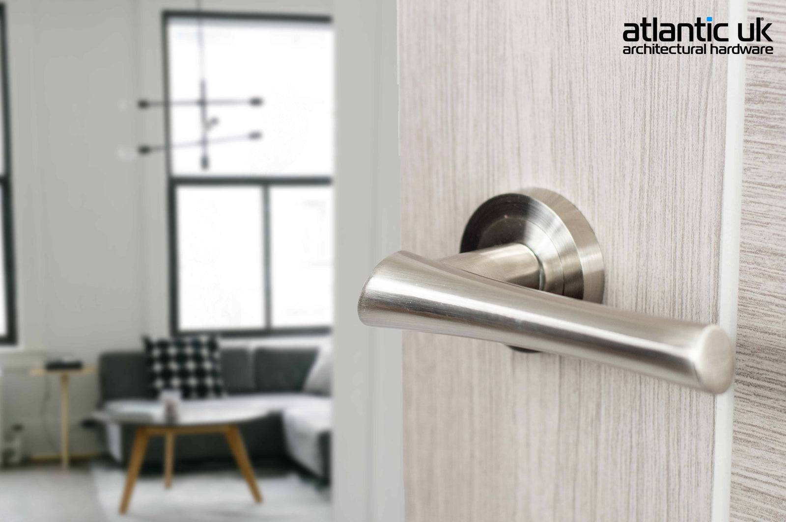 Mediterranean Corsica Lever Round Rose in Satin Nickel Lever on Round Rose Atlantic 