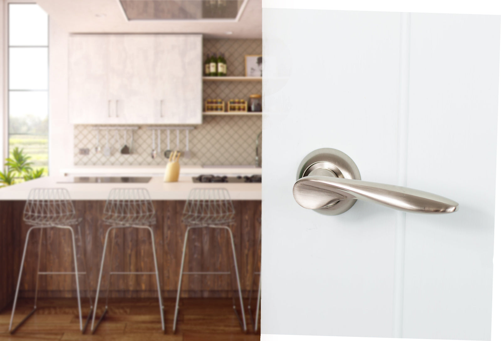 Mediterranean Malta Lever Round "C" Rose in Satin Nickel Lever on Round Rose Atlantic 