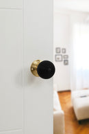 Old English Whitby Ebony Wood Reeded Mortice Knob 60mm Face Fix Rose in Polished Brass Door Knob Atlantic 