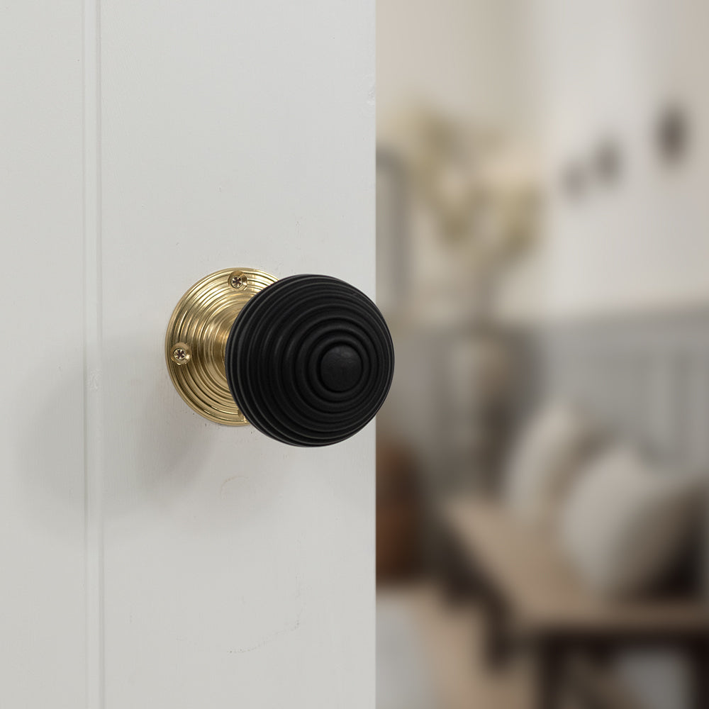 Old English Whitby Ebony Wood Reeded Mortice Knob 60mm Face Fix Rose