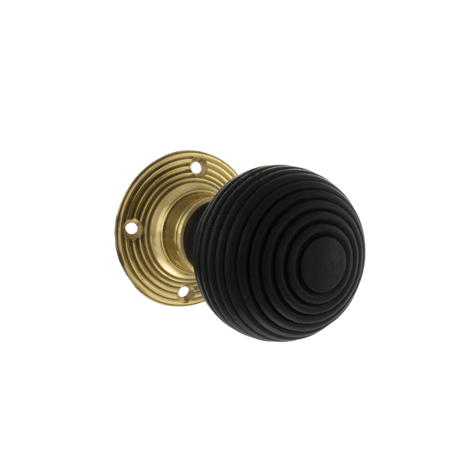 Old English Whitby Ebony Wood Reeded Mortice Knob 60mm Face Fix Rose in Polished Brass Door Knob Atlantic 