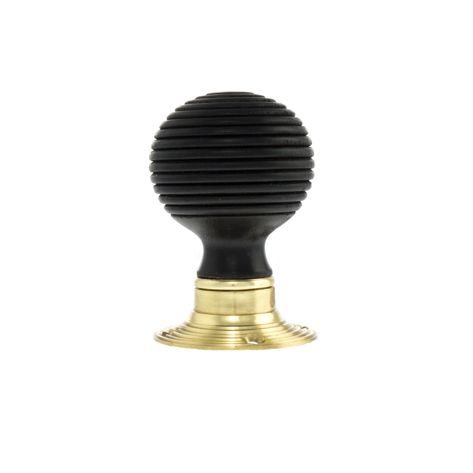 Old English Whitby Ebony Wood Reeded Mortice Knob 60mm Face Fix Rose in Polished Brass Door Knob Atlantic 