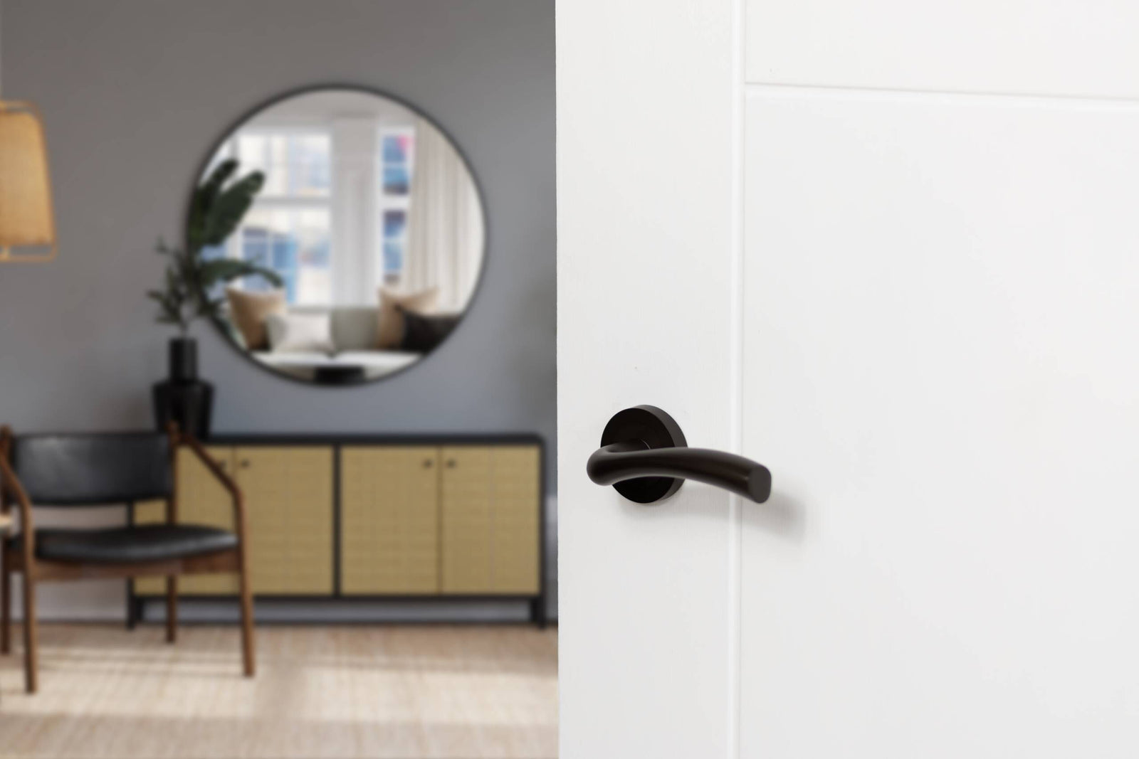 STATUS Texas Lever Door Handle on Round Rose in Urban Dark Bronze Lever Door Handle Atlantic 