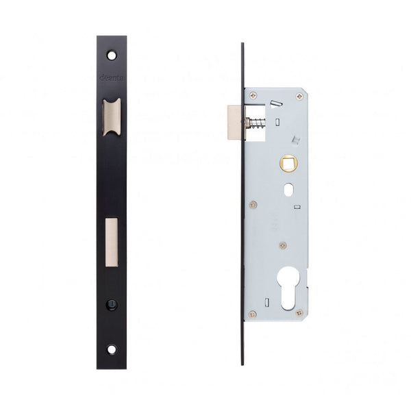 Slim Line Narrow Sash Lock Square, Striking Plate & Fixing Screw Black Steel Hardware Deanta 