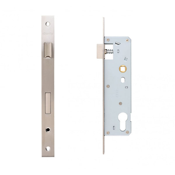 Slim Line Narrow Sash Lock Square, Striking Plate & Fixing Screw Satin Steel Hardware Deanta 