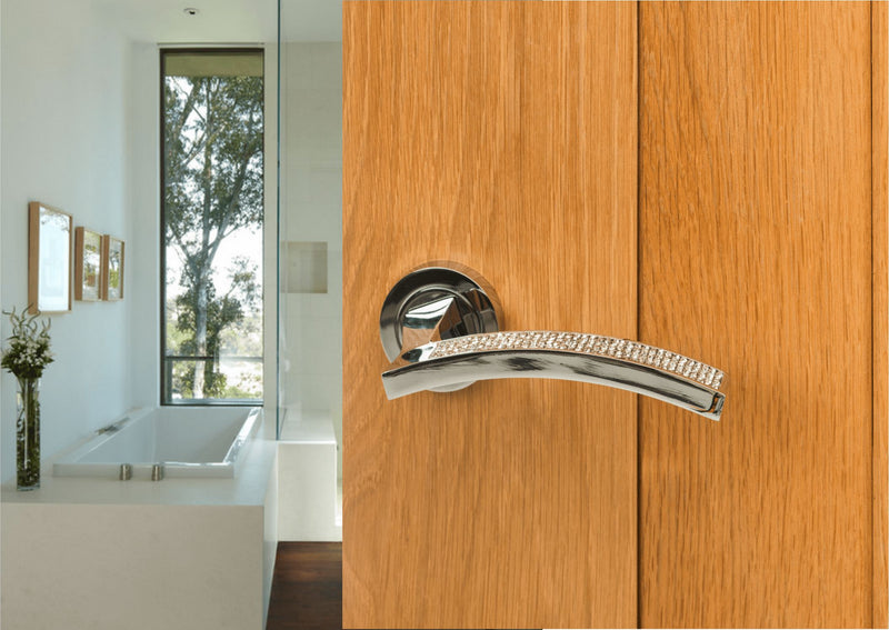 Senza Pari Crystal Designer Lever Round Rose in Polished Chrome Designer Lever Handle Atlantic 