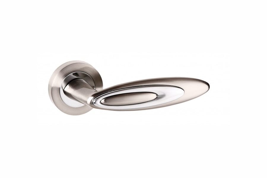 Senza Pari Elisse Designer Lever Round Rose in Satin Nickel/Polished Chrome Designer Lever Handle Atlantic 