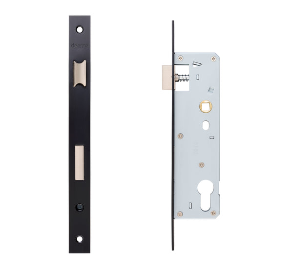 Slim Line Narrow Sash Lock Square, Striking Plate & Fixing Screw Black Steel Hardware Deanta 