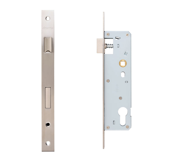 Slim Line Narrow Sash Lock Square, Striking Plate & Fixing Screw Satin Steel Hardware Deanta 