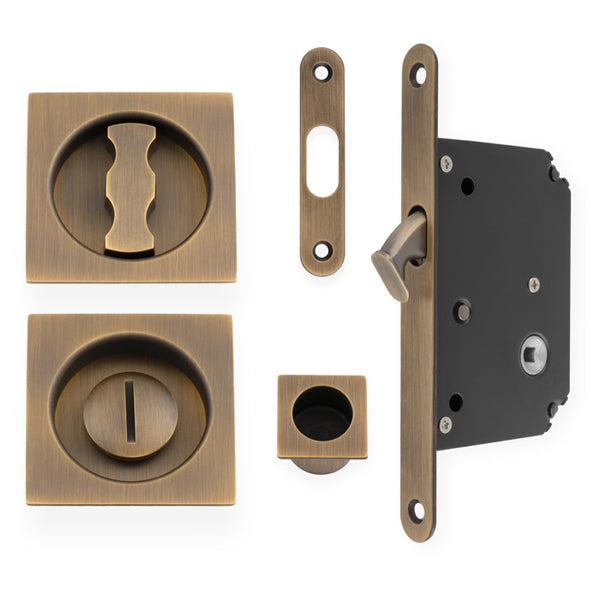 Sliding Door Lock Set Square Roses Radius Forend & Strike Antique Brass AW111RAB