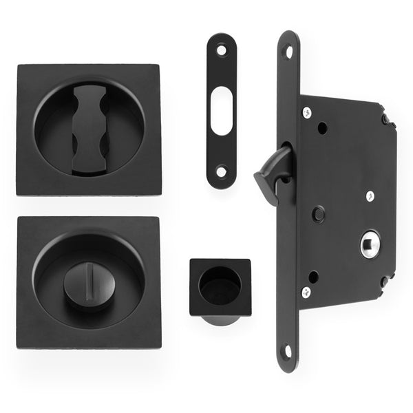 Sliding Door Lock Set Square Roses Radius Forend & Strike Black AW111RBL