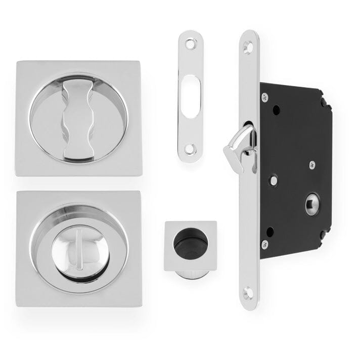 Sliding Door Lock Set Square Roses Radius Forend & Strike Sliding Door Furniture Alexander & Wilks Polished Chrome 