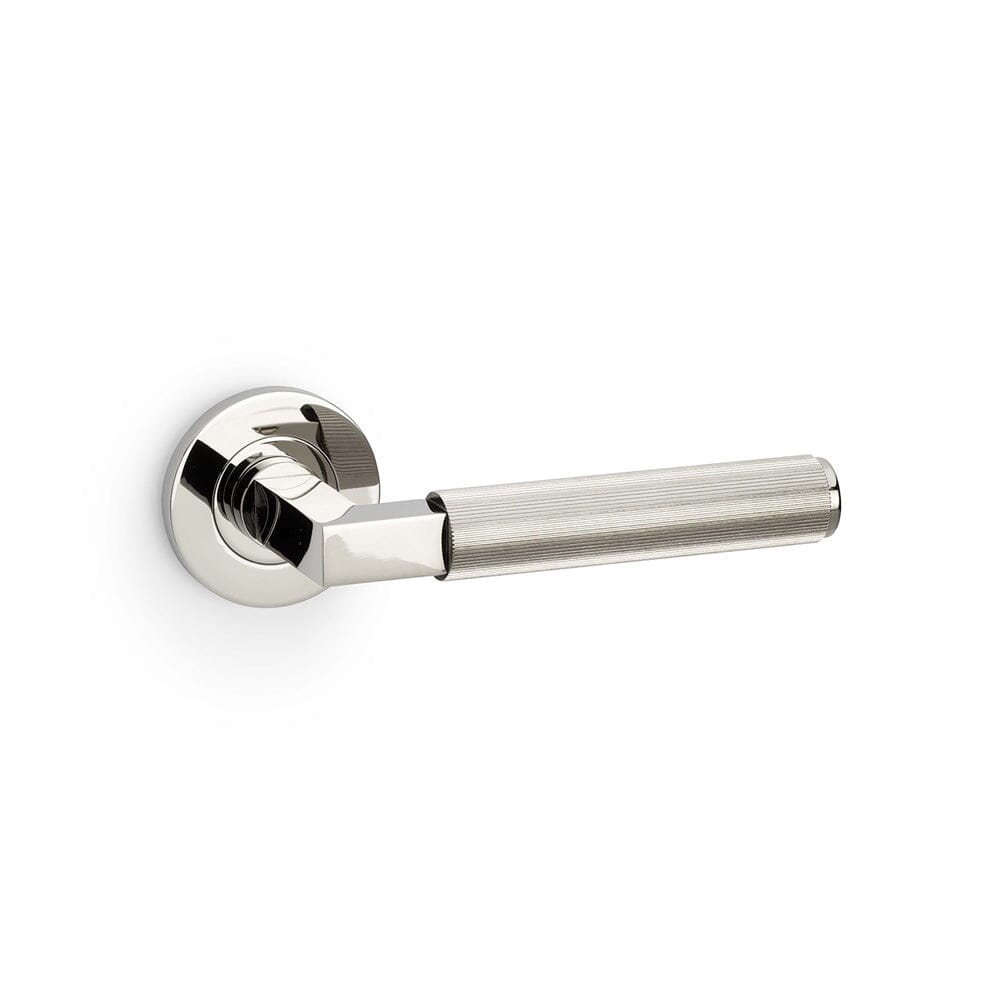 Hurricane Reeded Lever on Round Rose Lever On Rose Alexander & Wilks Polished Nickel PVD 