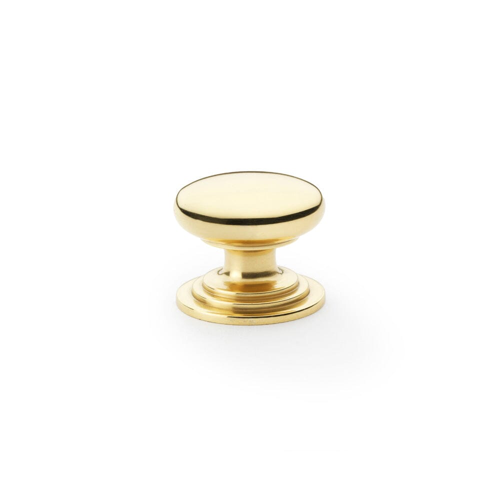 Waltz Round Cupboard Knob on Stepped Rose 32mm Cupboard Knob Alexander & Wilks Polished Brass Lacquered 