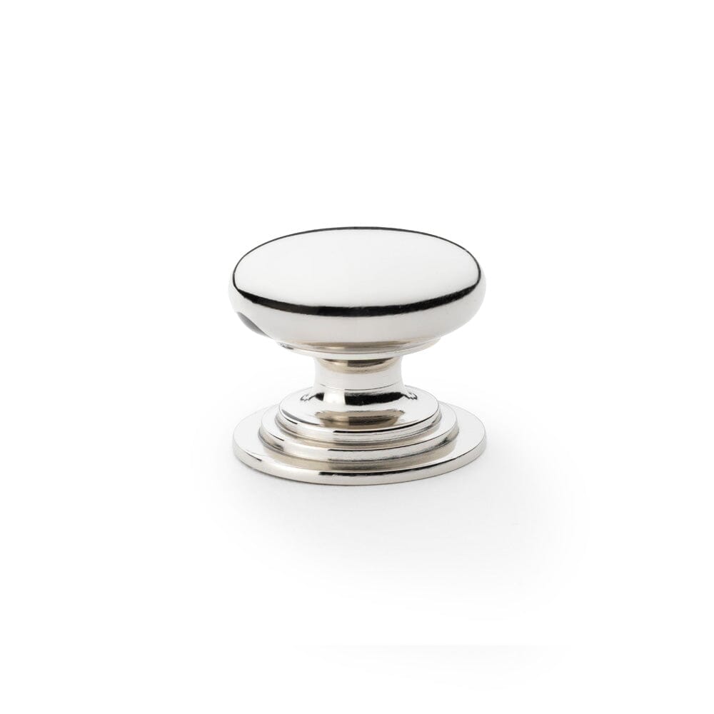 Waltz Round Cupboard Knob on Stepped Rose 38mm Cupboard Knob Alexander & Wilks Polished Nickel 