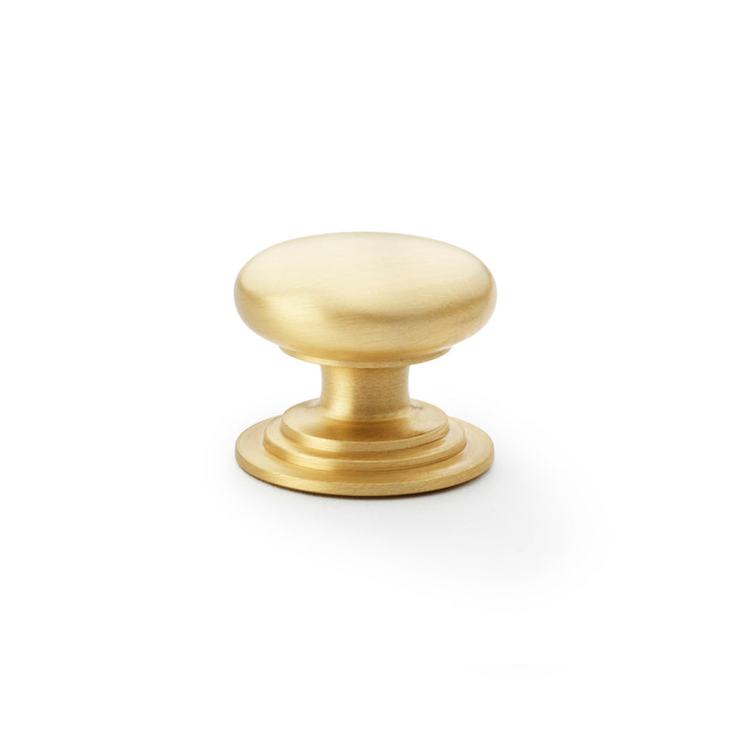 Waltz Round Cupboard Knob on Stepped Rose 38mm Satin Brass AW825-38-SB