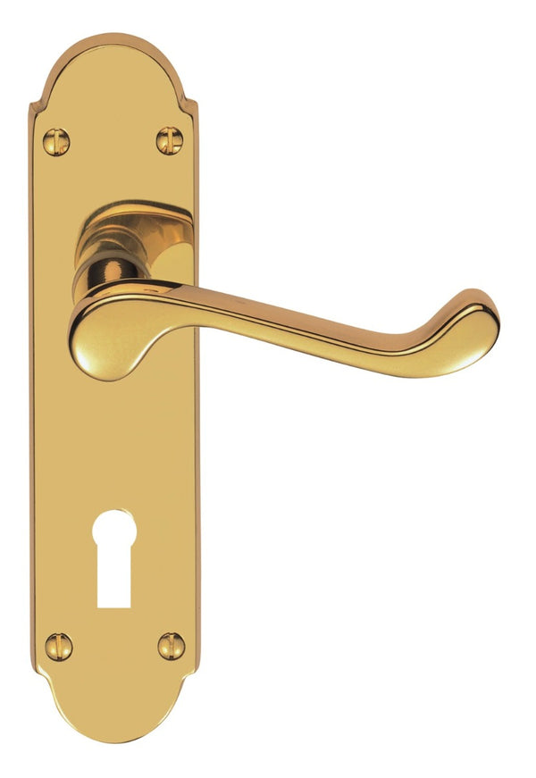 Victorian Scroll Lever On Shaped Backplate Lock 57mm C/C (Contract Range) Polished Brass CBS68