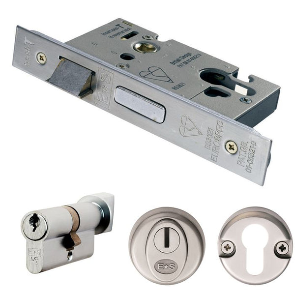 Easi T Euro Profile BS Cylinder and Turn Sashlock 76mm Sashlock Eurospec Satin Stainless Steel 