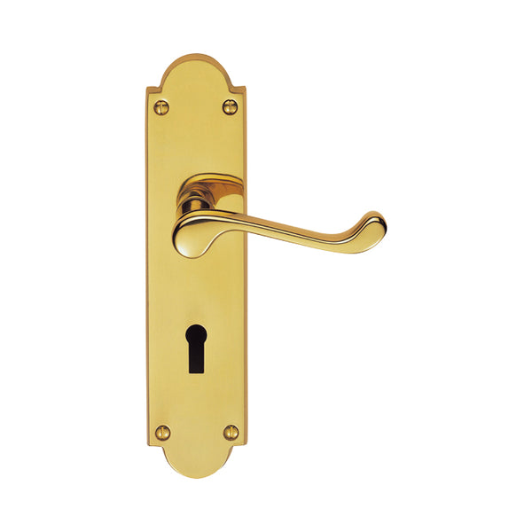 Victorian Scroll Lever on Shaped Lock Backplate Polished Brass M68