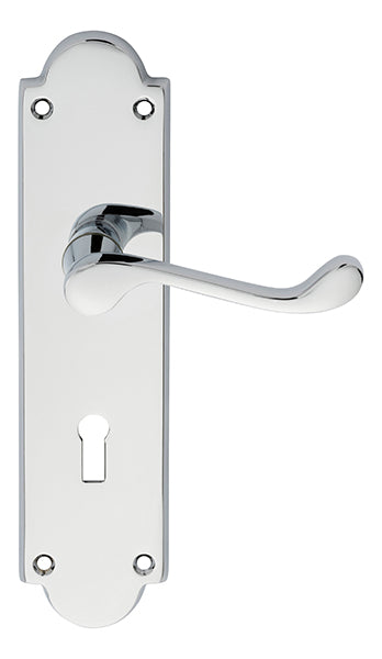 Victorian Scroll Lever on Shaped Lock Backplate Polished Chrome M68CP