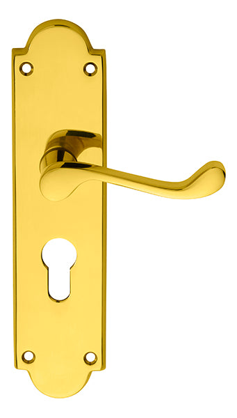 Victorian Scroll Lever on Shaped Euro Lock Backplate Polished Brass M68Y