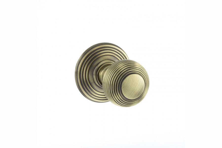 Old English Ripon Solid Brass Reeded Mortice Knob Concealed Fix Rose in Antique Brass Door Knob Atlantic 