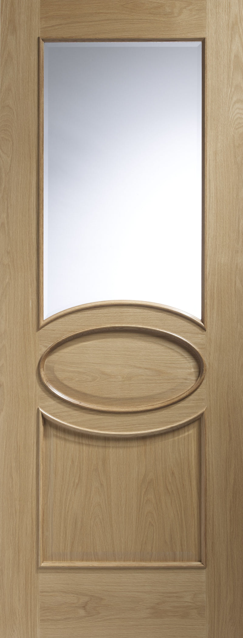 Calabria Internal Oak Door with Clear Bevelled Glass and Raised Mouldings