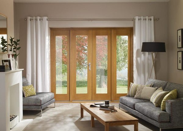 La Porte French Door Set in Pre-Finished External Oak Includes Sidelight Frame (Brass Hardware)